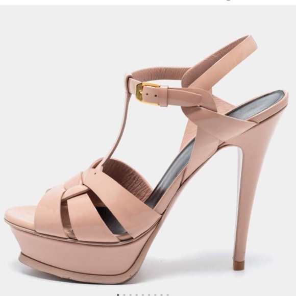 Yves Saint Laurent Shoes - | Yves Saint Laurent | Light Pink Leather Tribute Platform Heels. Size 38.